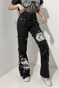 Y2K Emo Goth Black Cargo Jeans - 90s Grunge, Retro Style, Y2K Fashion, Summer Outfits