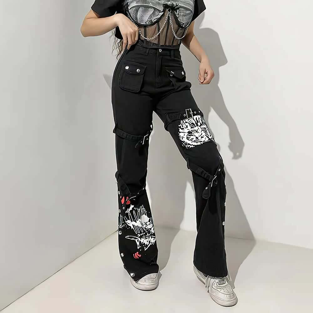 Y2K Emo Goth Black Cargo Jeans - 90s Grunge, Retro Style, Y2K Fashion, Summer Outfits