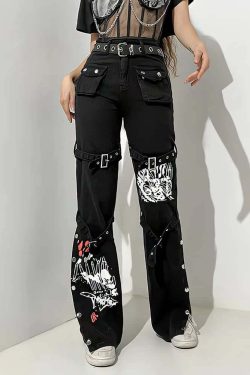 Y2K Emo Goth Black Cargo Jeans - 90s Grunge, Retro Style, Y2K Fashion, Summer Outfits