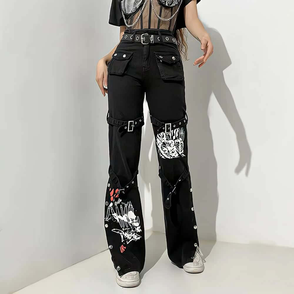 Y2K Emo Goth Black Cargo Jeans - 90s Grunge, Retro Style, Y2K Fashion, Summer Outfits