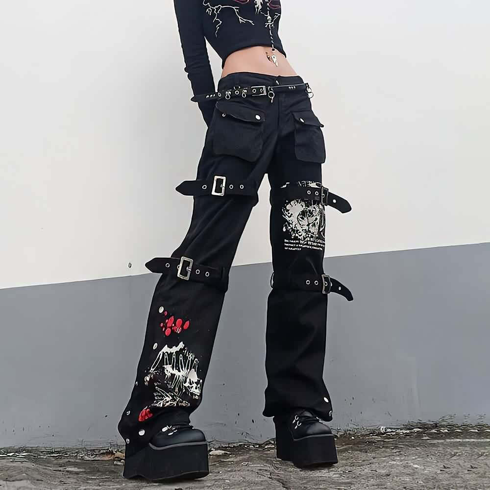 Y2K Emo Goth Black Cargo Jeans - 90s Grunge, Retro Style, Y2K Fashion, Summer Outfits
