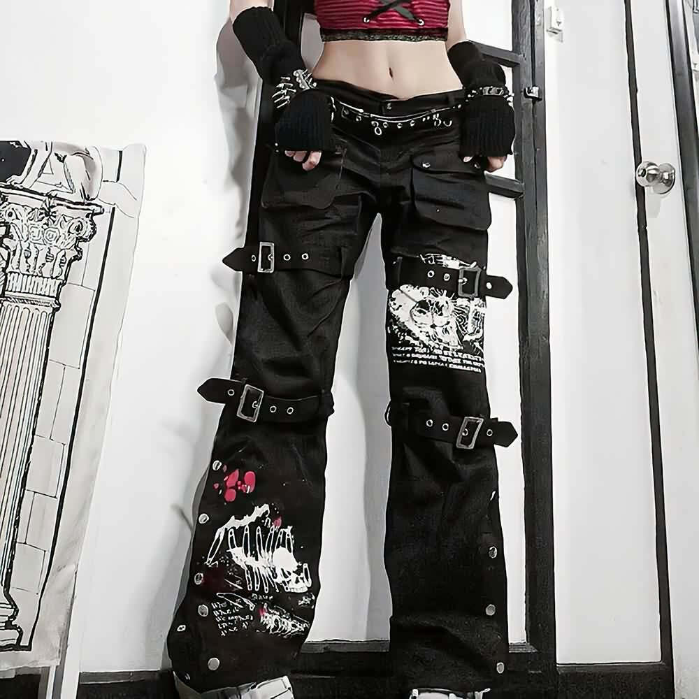 Y2K Emo Goth Black Cargo Jeans - 90s Grunge, Retro Style, Y2K Fashion, Summer Outfits