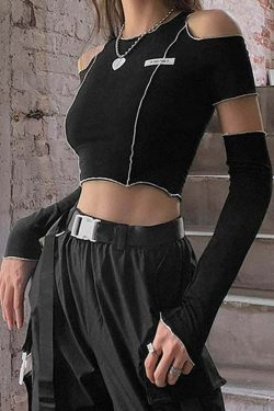 Y2K Emo Goth Cold Shoulder Crop T-shirt with Gloves - 90s Grunge Summer Outfit