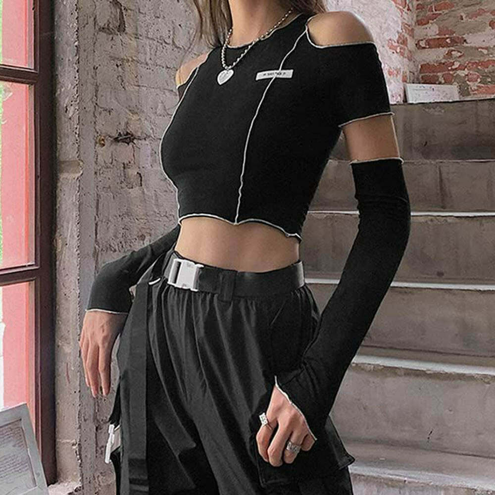 Y2K Emo Goth Cold Shoulder Crop T-shirt with Gloves - 90s Grunge Summer Outfit