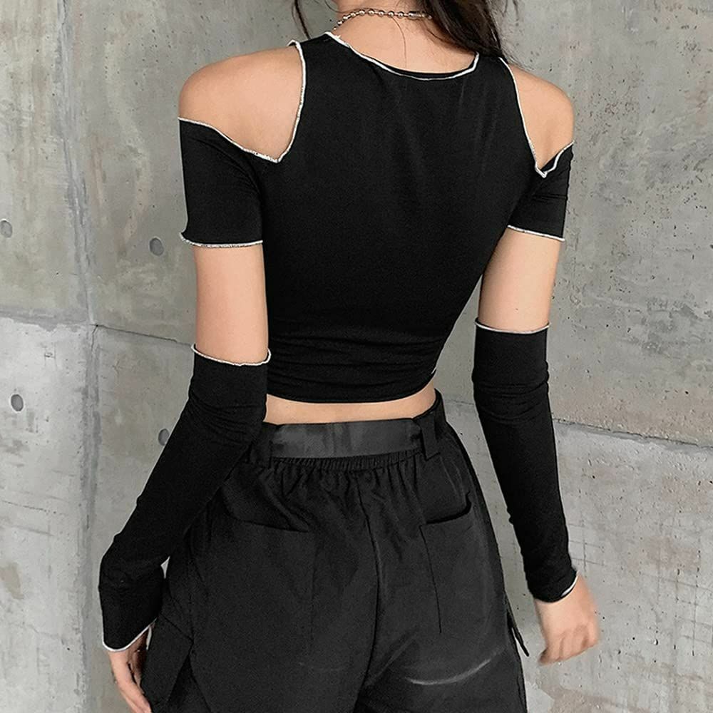 Y2K Emo Goth Cold Shoulder Crop T-shirt with Gloves - 90s Grunge Summer Outfit