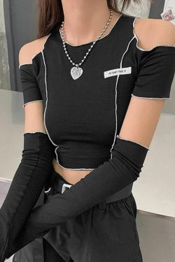 Y2K Emo Goth Cold Shoulder Crop T-shirt with Gloves - 90s Grunge Summer Outfit