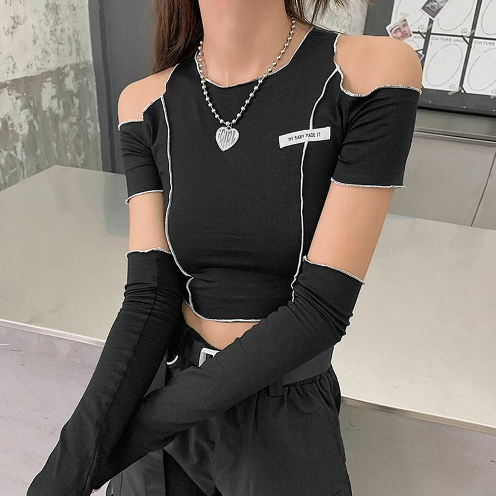 Y2K Emo Goth Cold Shoulder Crop T-shirt with Gloves - 90s Grunge Summer Outfit