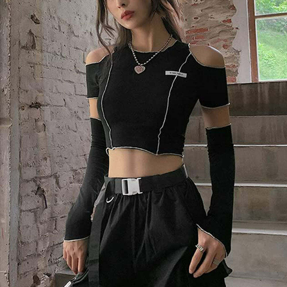 Y2K Emo Goth Cold Shoulder Crop T-shirt with Gloves - 90s Grunge Summer Outfit