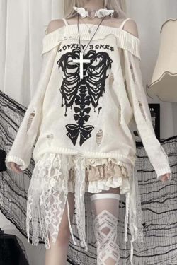 Y2K Emo Goth Off-Shoulder Sweater - 90s Grunge, Retro Style, Summer Y2K Outfits