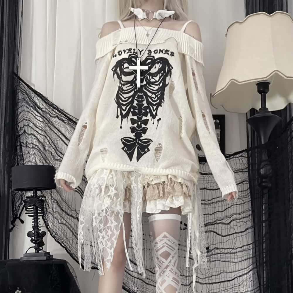 Y2K Emo Goth Off-Shoulder Sweater - 90s Grunge, Retro Style, Summer Y2K Outfits