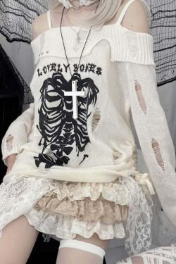 Y2K Emo Goth Off-Shoulder Sweater - 90s Grunge, Retro Style, Summer Y2K Outfits