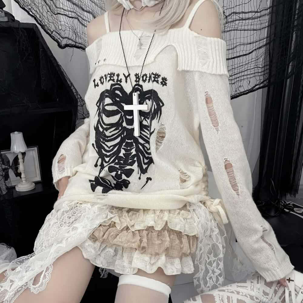 Y2K Emo Goth Off-Shoulder Sweater - 90s Grunge, Retro Style, Summer Y2K Outfits