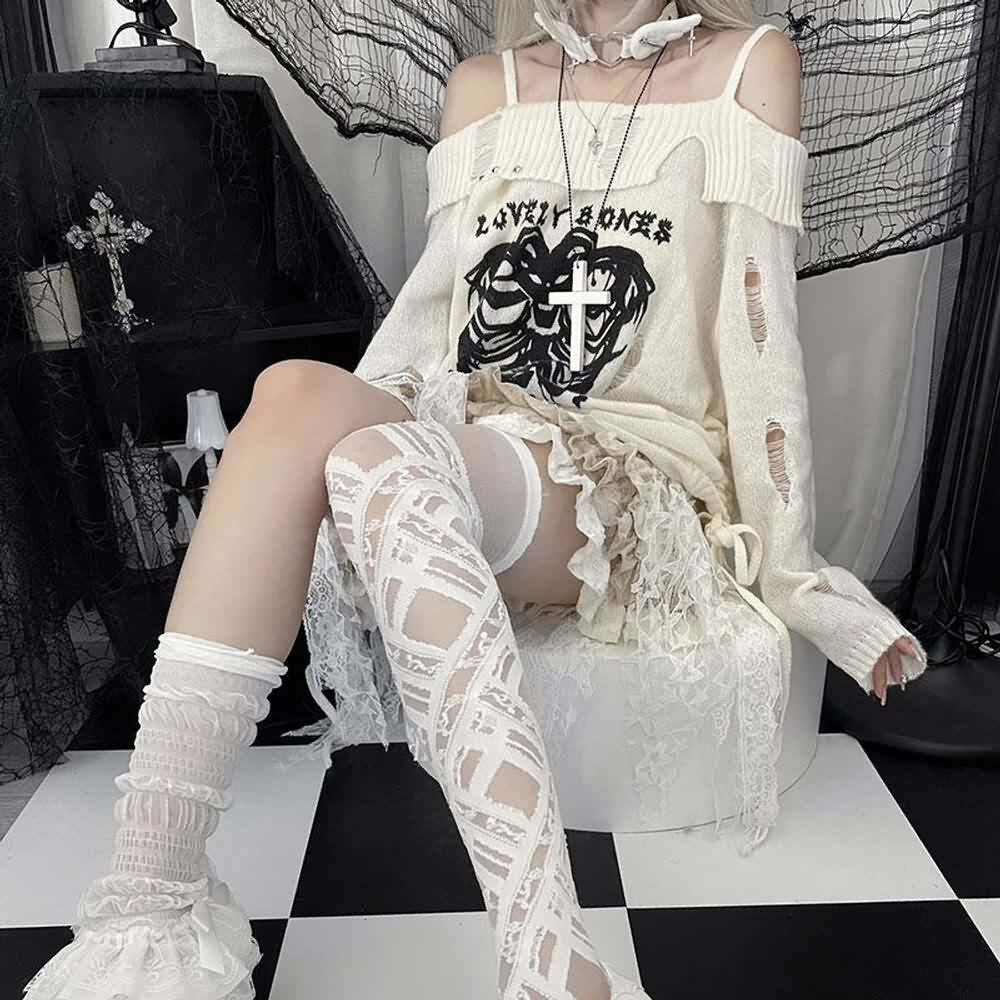 Y2K Emo Goth Off-Shoulder Sweater - 90s Grunge, Retro Style, Summer Y2K Outfits