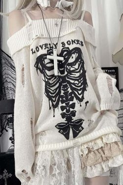 Y2K Emo Goth Off-Shoulder Sweater - 90s Grunge, Retro Style, Summer Y2K Outfits