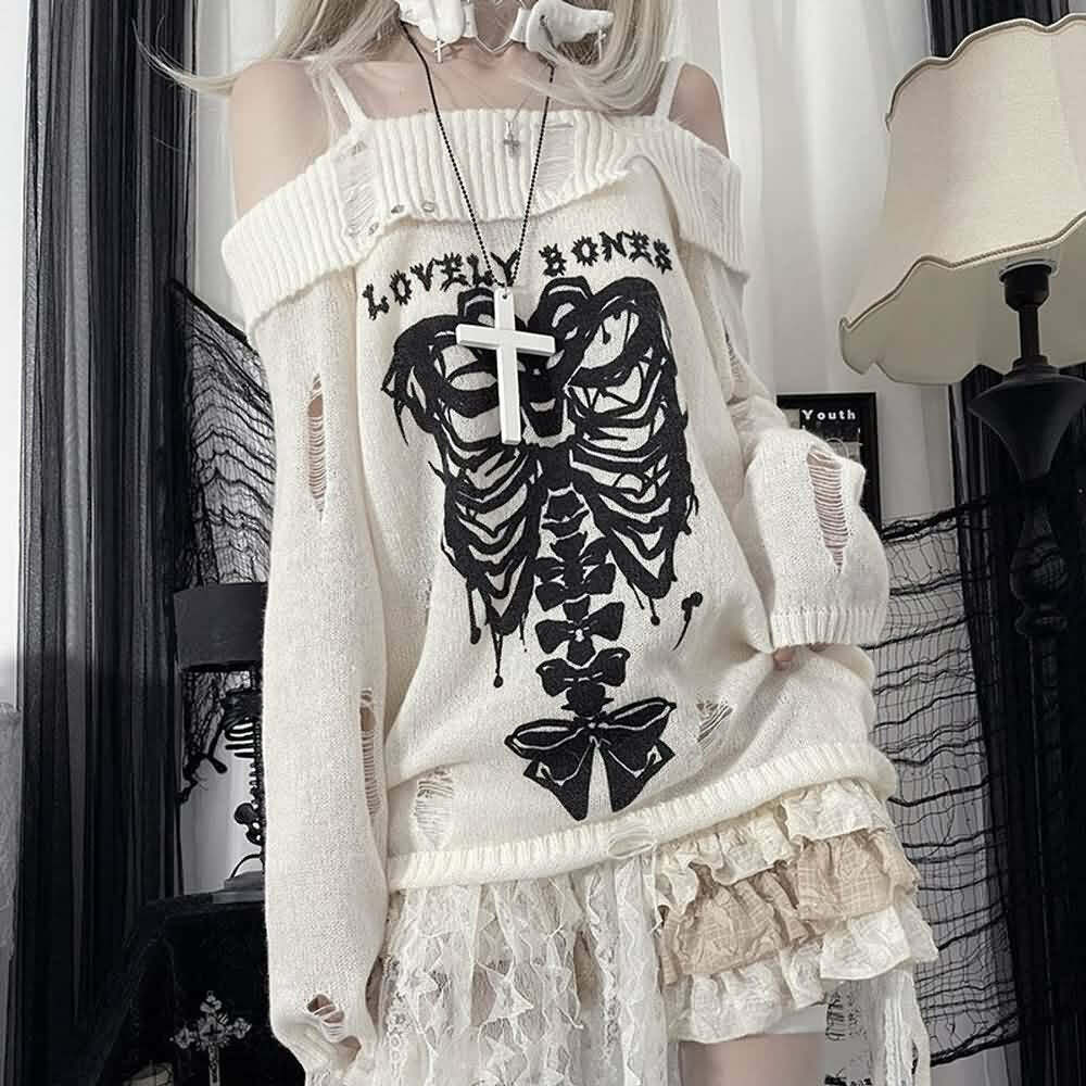 Y2K Emo Goth Off-Shoulder Sweater - 90s Grunge, Retro Style, Summer Y2K Outfits