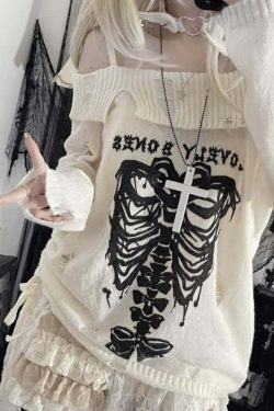Y2K Emo Goth Off-Shoulder Sweater - 90s Grunge, Retro Style, Summer Y2K Outfits