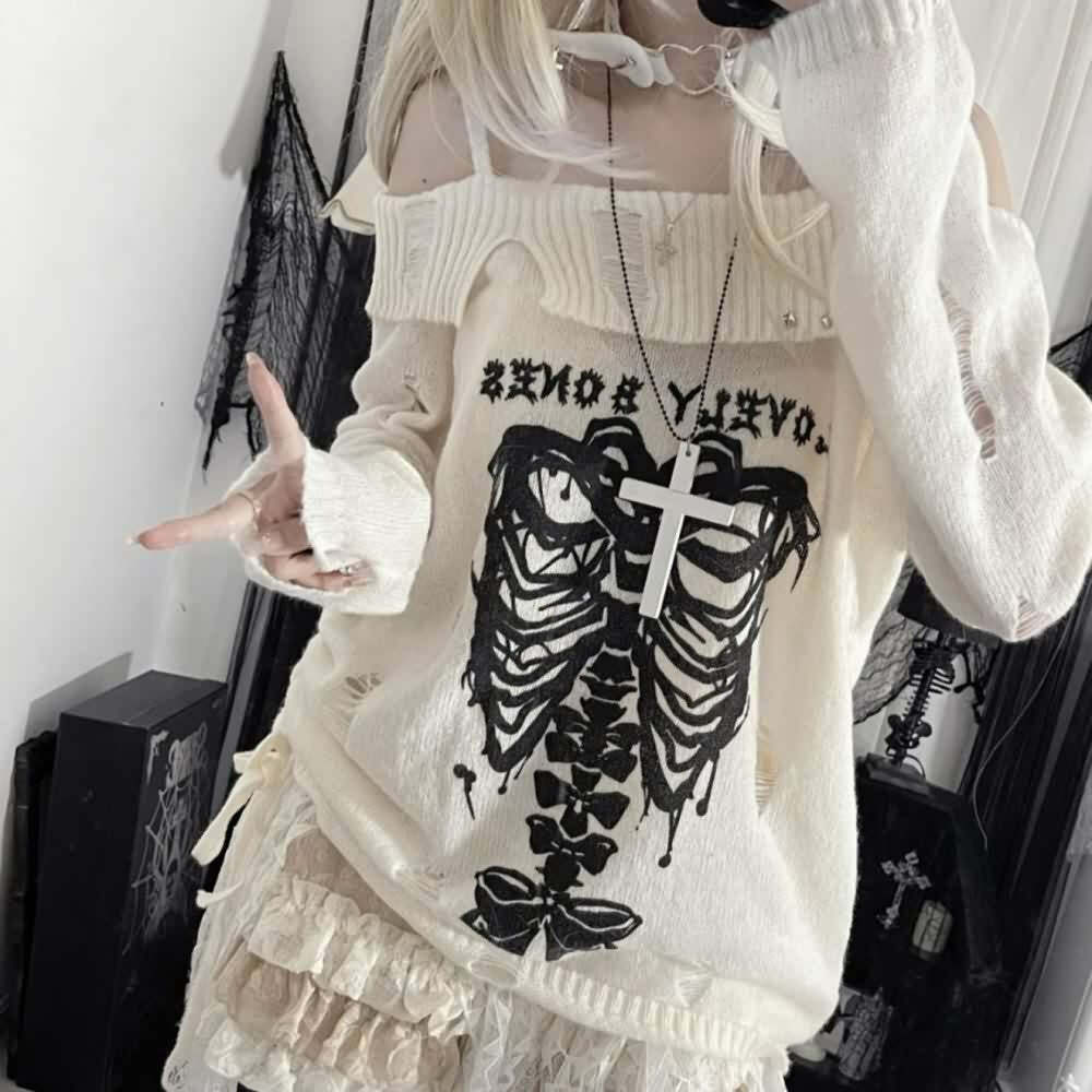Y2K Emo Goth Off-Shoulder Sweater - 90s Grunge, Retro Style, Summer Y2K Outfits
