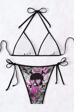 Y2K Emo Gothic Skull Halter String Bikini Set - Retro 90s Grunge Summer Beach Outfit