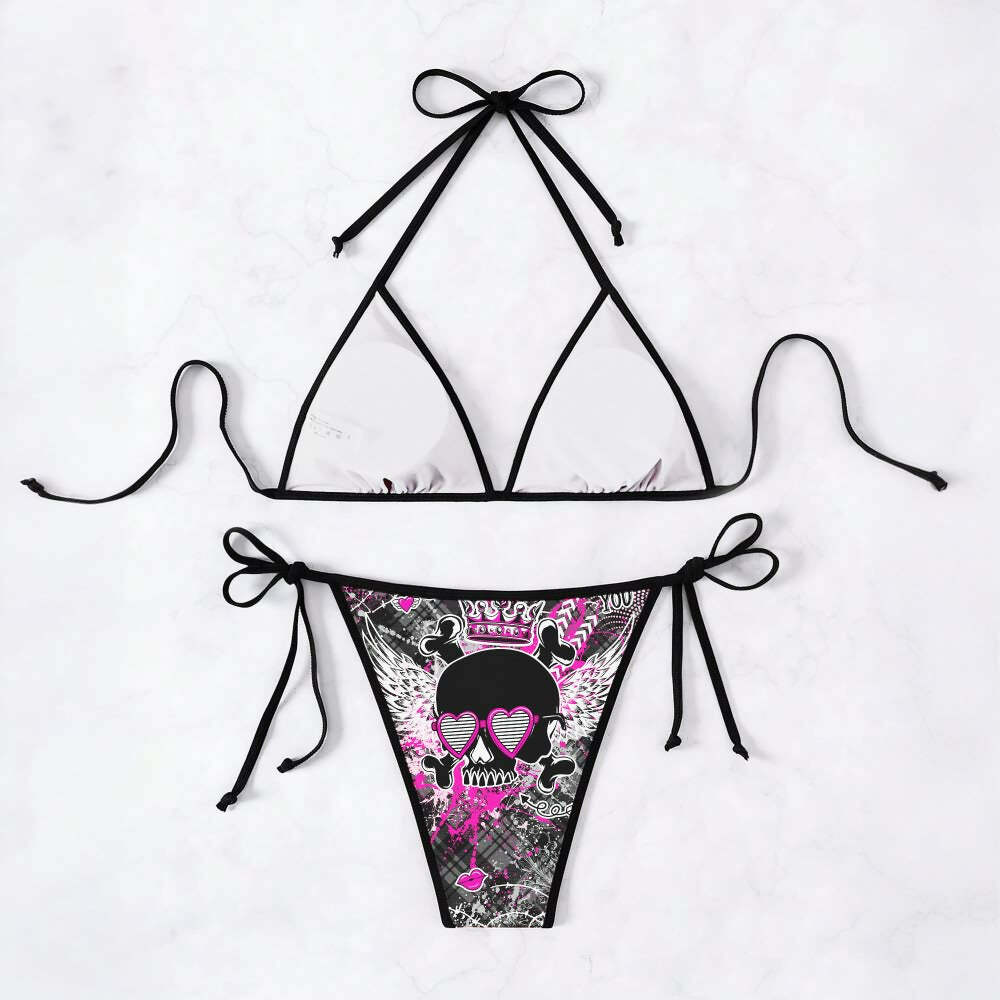 Y2K Emo Gothic Skull Halter String Bikini Set - Retro 90s Grunge Summer Beach Outfit