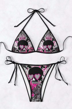 Y2K Emo Gothic Skull Halter String Bikini Set - Retro 90s Grunge Summer Beach Outfit
