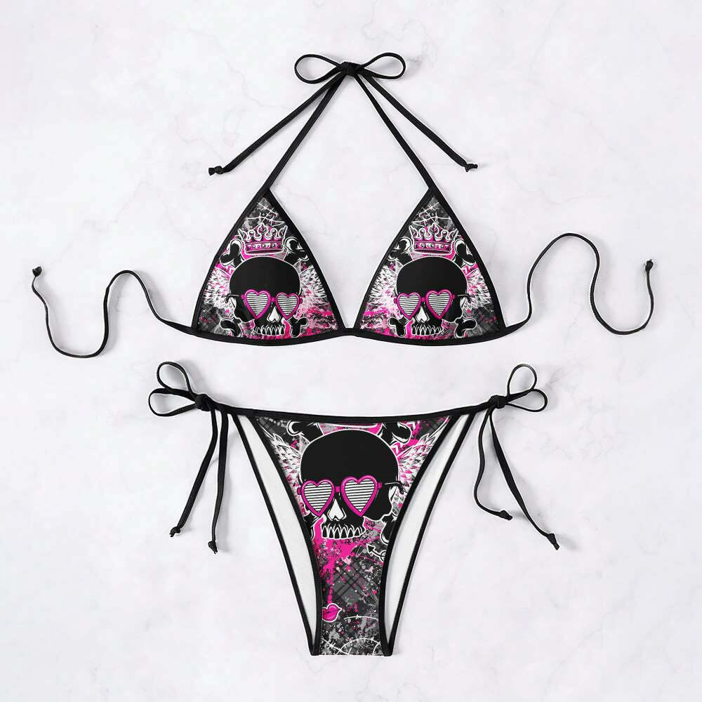 Y2K Emo Gothic Skull Halter String Bikini Set - Retro 90s Grunge Summer Beach Outfit