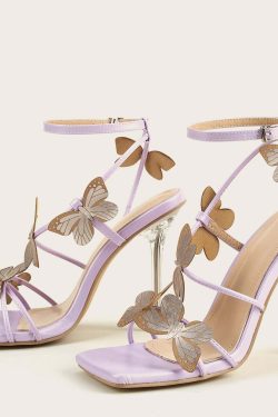 Y2K Fairy Butterfly Crystal Heel Sandals - Retro 90s Grunge, Pastel Goth, Summer Party Outfits