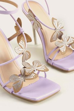 Y2K Fairy Butterfly Crystal Heel Sandals - Retro 90s Grunge, Pastel Goth, Summer Party Outfits