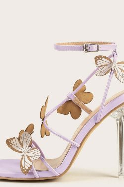 Y2K Fairy Butterfly Crystal Heel Sandals - Retro 90s Grunge, Pastel Goth, Summer Party Outfits