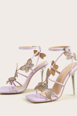 Y2K Fairy Butterfly Crystal Heel Sandals - Retro 90s Grunge, Pastel Goth, Summer Party Outfits