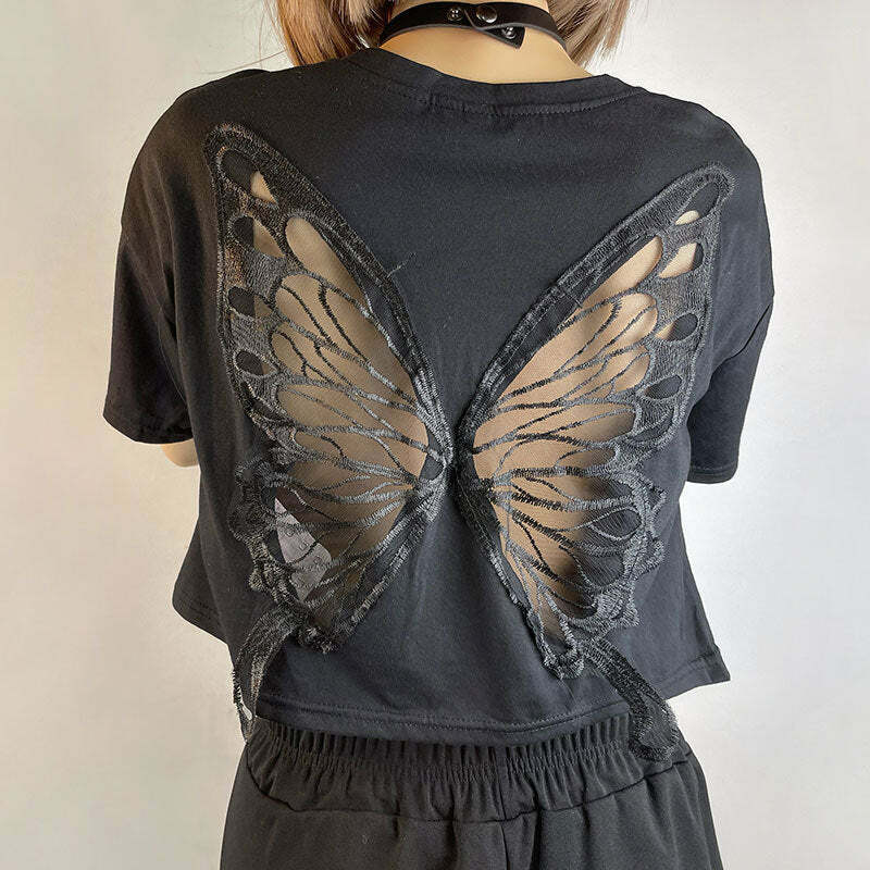 Y2K Fairy Grunge Butterfly Hollow Out Crop Top - 90s Retro Summer Party Outfit
