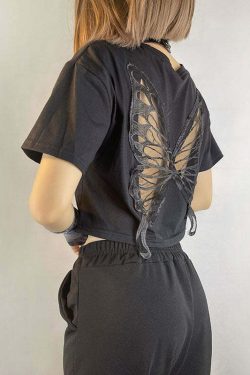 Y2K Fairy Grunge Butterfly Hollow Out Crop Top - 90s Retro Summer Party Outfit