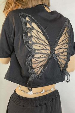 Y2K Fairy Grunge Butterfly Hollow Out Crop Top - 90s Retro Summer Party Outfit