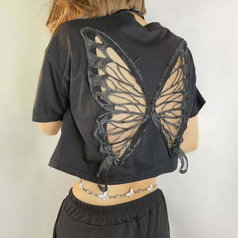 Y2K Fairy Grunge Butterfly Hollow Out Crop Top - 90s Retro Summer Party Outfit