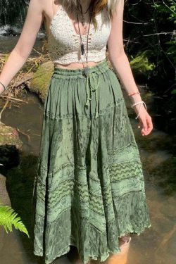 Y2K Fairy Grunge Fairycore Green Long Skirt - Retro 90s Summer Outfit, Pastel Goth Style