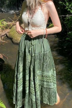 Y2K Fairy Grunge Fairycore Green Long Skirt - Retro 90s Summer Outfit, Pastel Goth Style