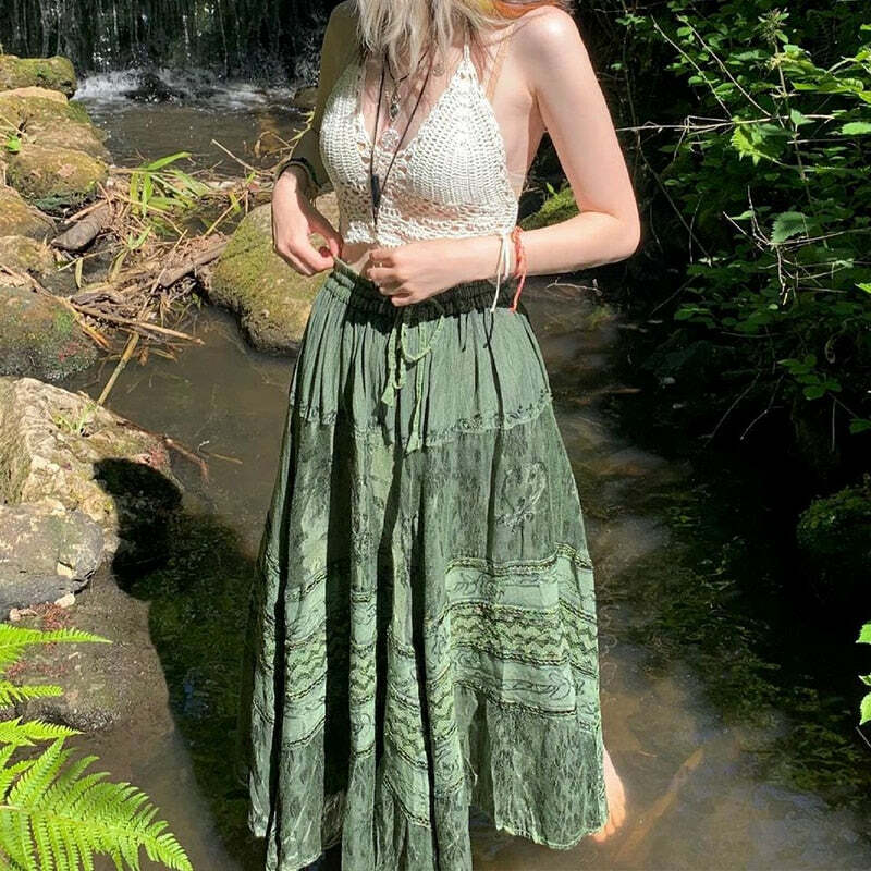 Y2K Fairy Grunge Fairycore Green Long Skirt - Retro 90s Summer Outfit, Pastel Goth Style