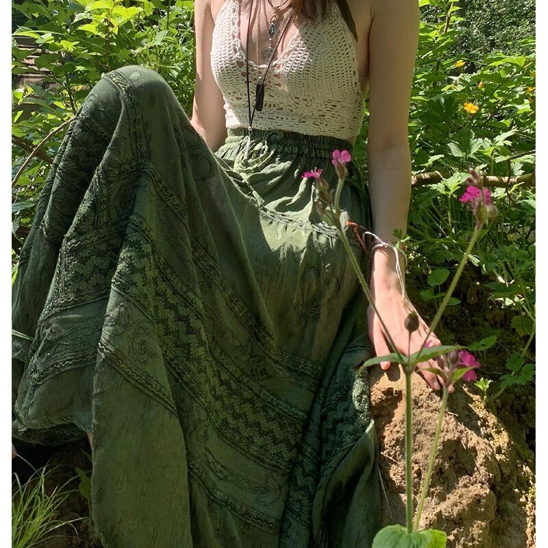 Y2K Fairy Grunge Fairycore Green Long Skirt - Retro 90s Summer Outfit, Pastel Goth Style