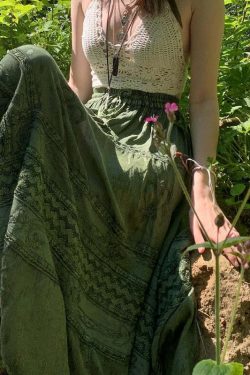 Y2K Fairy Grunge Fairycore Green Long Skirt - Retro 90s Summer Outfit, Pastel Goth Style