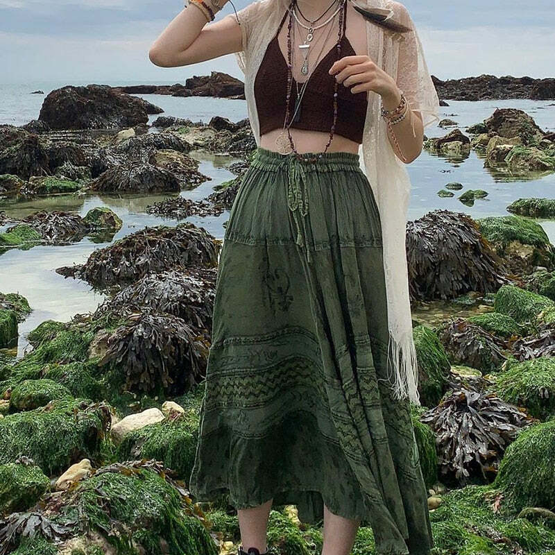 Y2K Fairy Grunge Fairycore Green Long Skirt - Retro 90s Summer Outfit, Pastel Goth Style