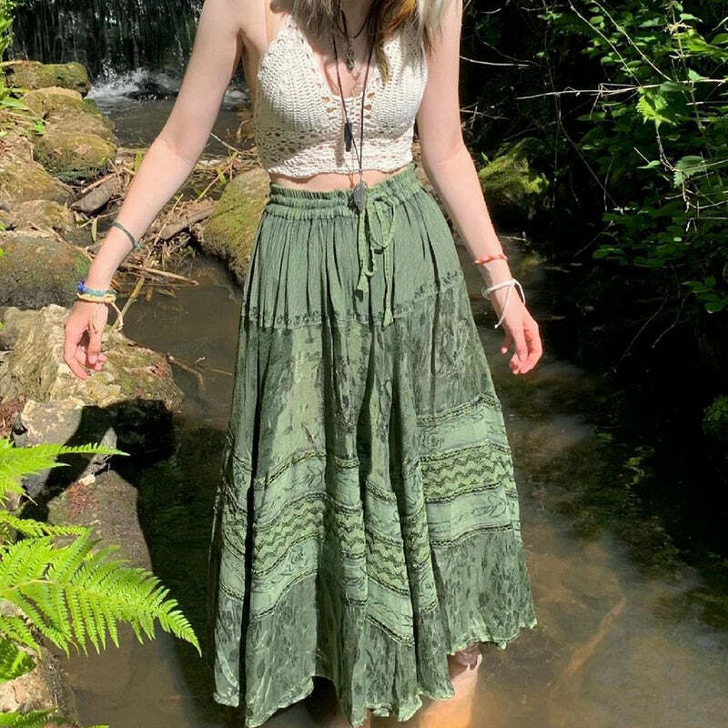 Y2K Fairy Grunge Fairycore Green Long Skirt - Retro 90s Summer Outfit, Pastel Goth Style