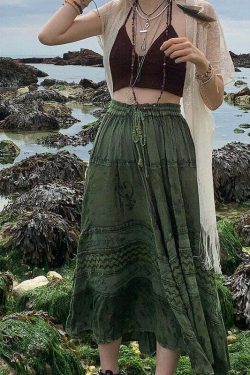 Y2K Fairy Grunge Fairycore Green Long Skirt - Retro 90s Summer Outfit, Pastel Goth Style