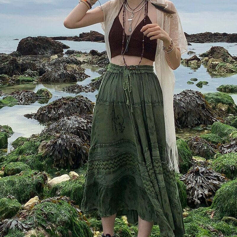 Y2K Fairy Grunge Fairycore Green Long Skirt - Retro 90s Summer Outfit, Pastel Goth Style