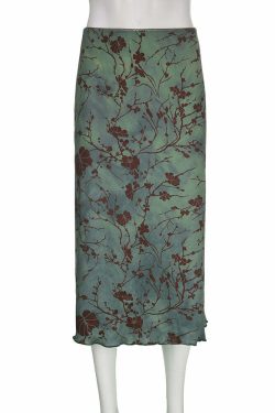 Y2K Fairy Grunge Green Floral Midi Skirt - Retro 90s Summer Outfit, Pastel Goth Fashion