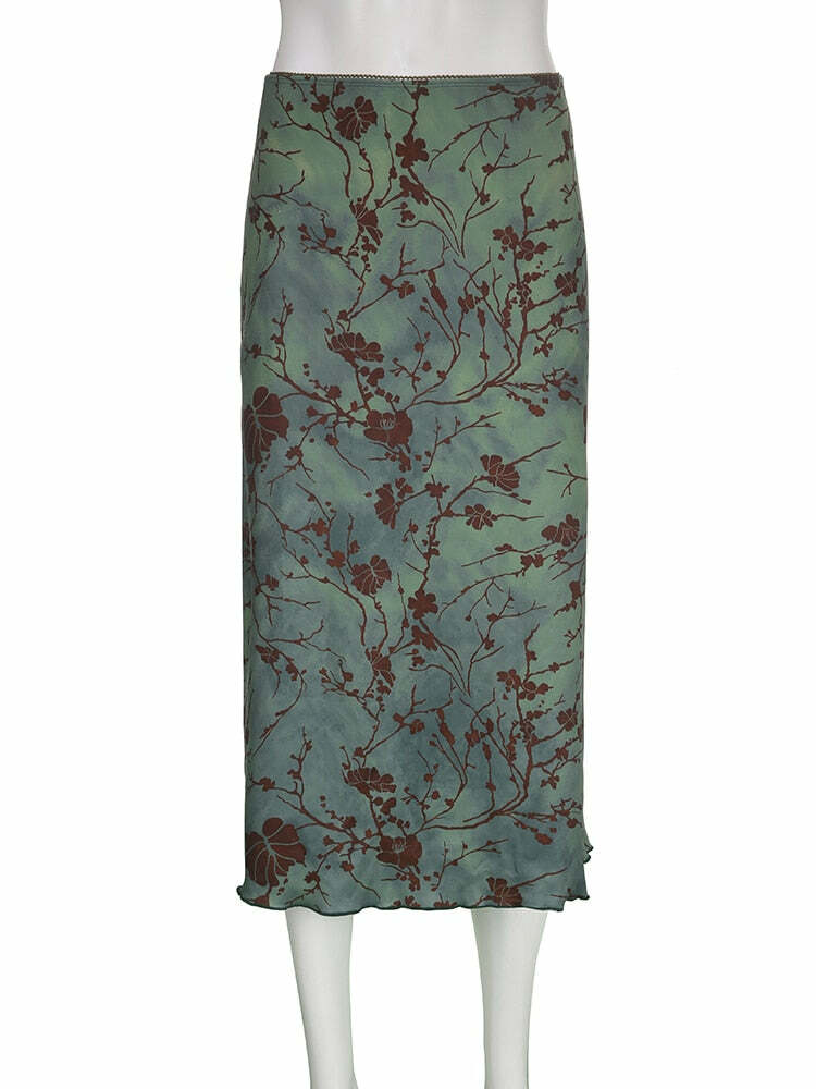 Y2K Fairy Grunge Green Floral Midi Skirt - Retro 90s Summer Outfit, Pastel Goth Fashion