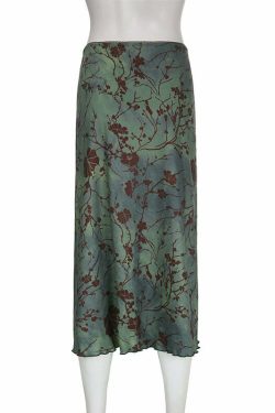 Y2K Fairy Grunge Green Floral Midi Skirt - Retro 90s Summer Outfit, Pastel Goth Fashion