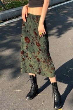 Y2K Fairy Grunge Green Floral Midi Skirt - Retro 90s Summer Outfit, Pastel Goth Fashion