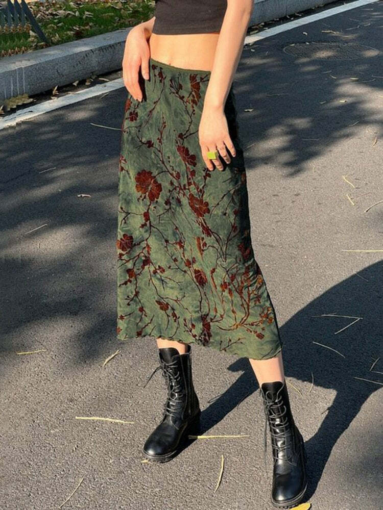 Y2K Fairy Grunge Green Floral Midi Skirt - Retro 90s Summer Outfit, Pastel Goth Fashion