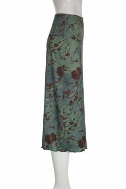 Y2K Fairy Grunge Green Floral Midi Skirt - Retro 90s Summer Outfit, Pastel Goth Fashion