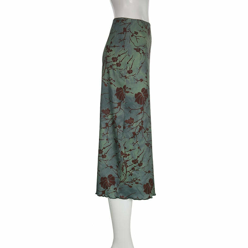 Y2K Fairy Grunge Green Floral Midi Skirt - Retro 90s Summer Outfit, Pastel Goth Fashion