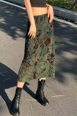 Y2K Fairy Grunge Green Floral Midi Skirt - Retro 90s Summer Outfit, Pastel Goth Fashion
